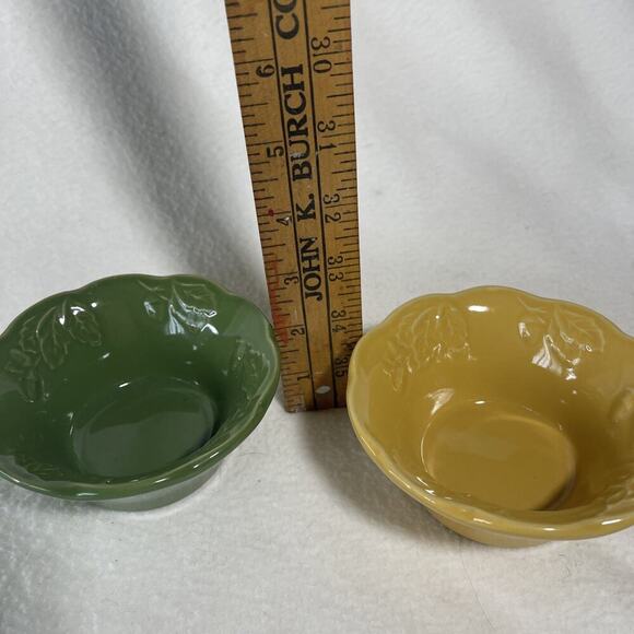 Sur La Table Bowls Set of 2 Scalloped Edge Raised Olive Branch Green, And Yellow - Picture 3 of 4